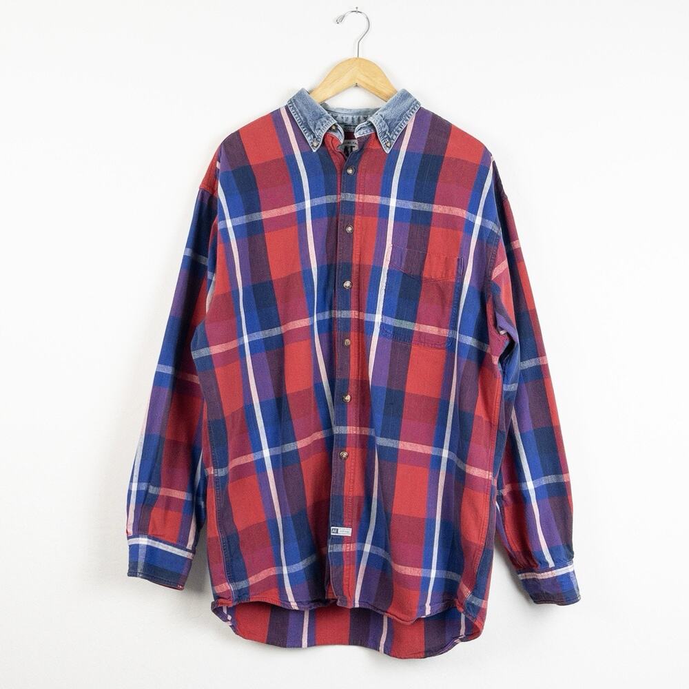 Vintage American Eagle Plaid Shirt Large Denim Fade Red Blue Button Up